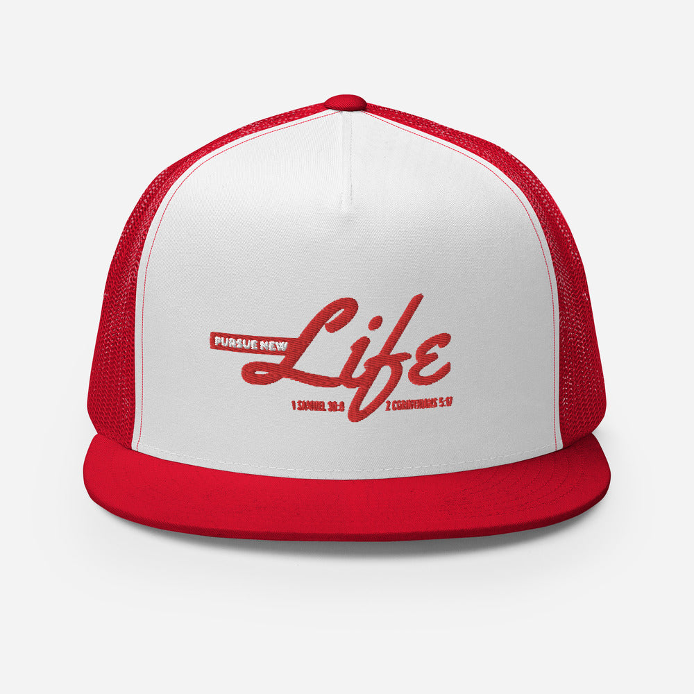 PURSUE NEW LIFE 5 PANEL Trucker Cap - RED EMB